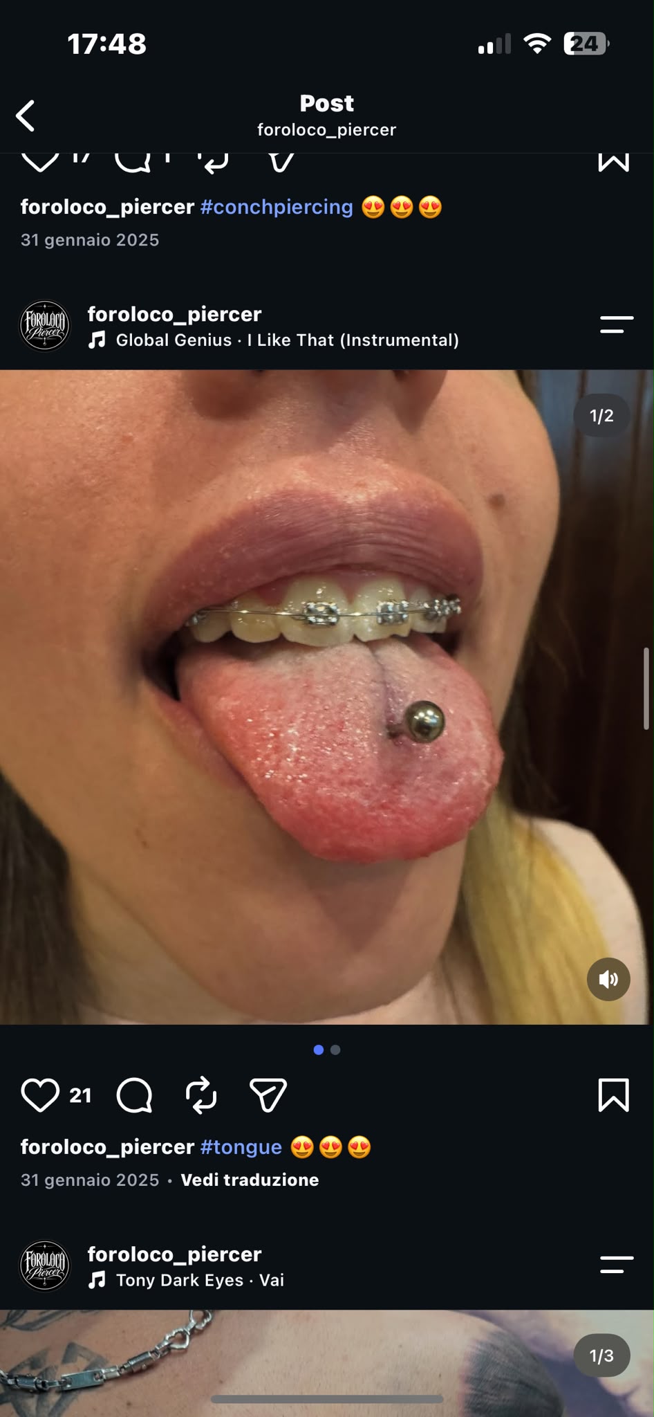 Lingua · punto luce: dettaglio del piercing realizzato da Roberto