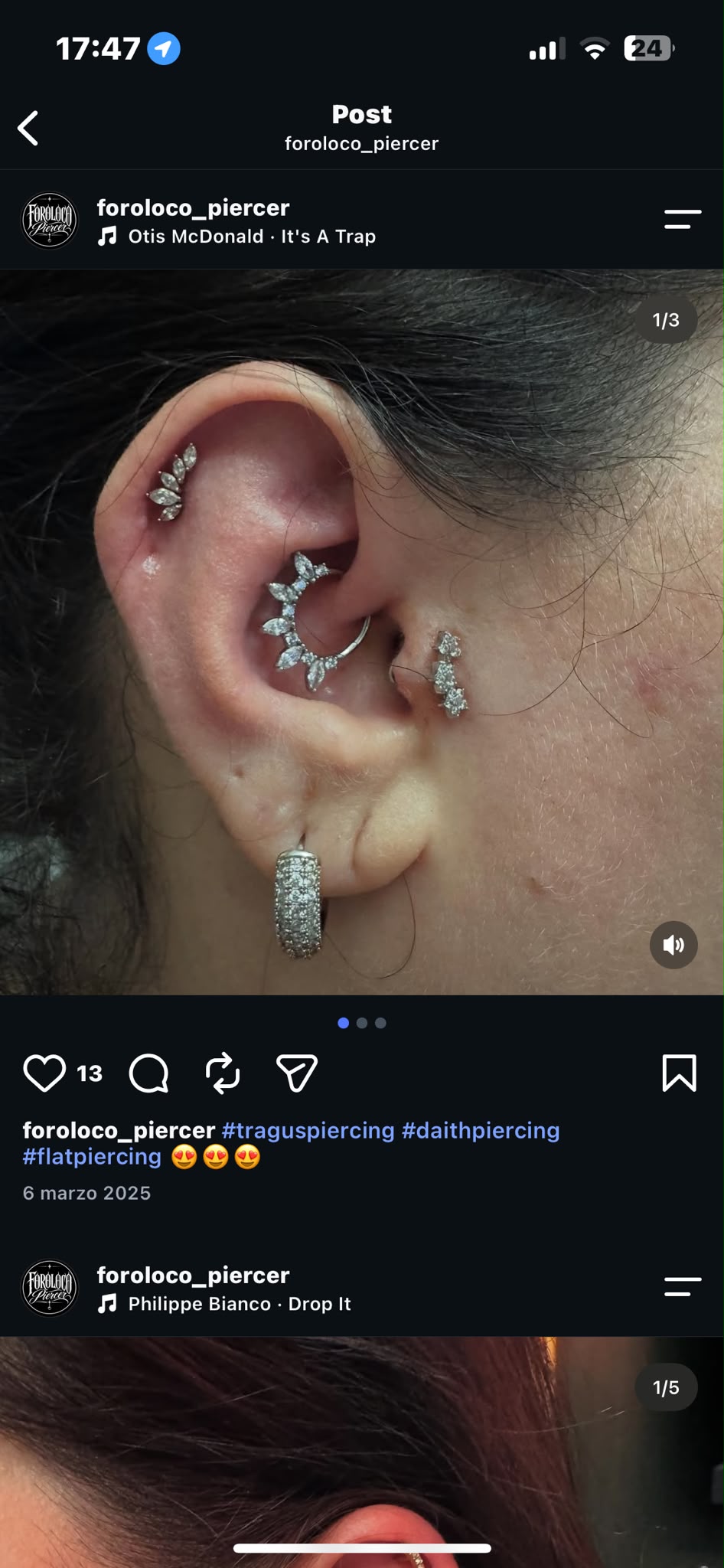 Orecchio · composizione: dettaglio del piercing realizzato da Roberto